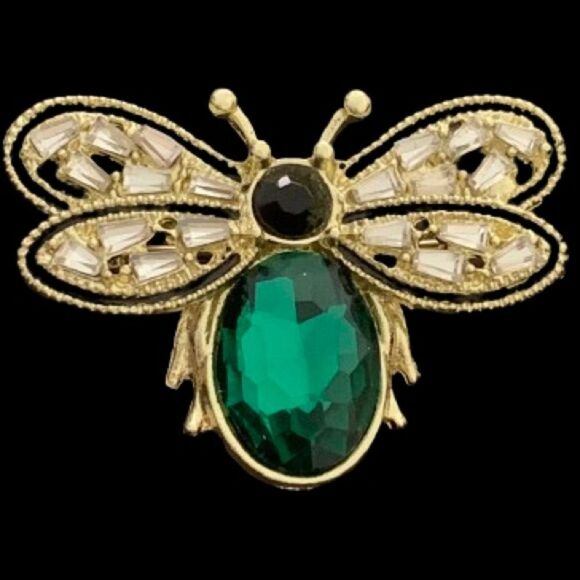 Bumble Bee Lapel Pin – Green, White & Black Crystals - Gold Tone Brooch - Picture 1 of 7